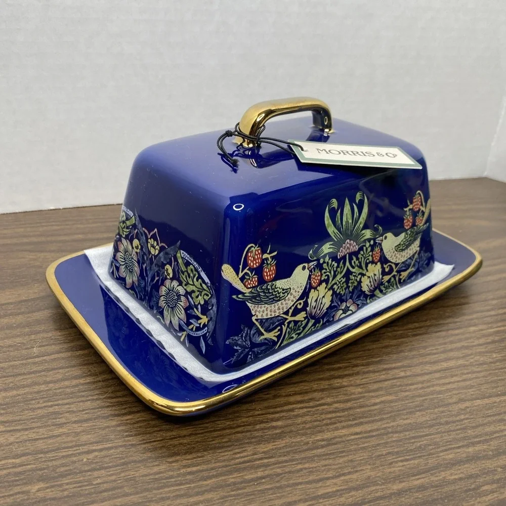 NWT William Morris & Co Strawberry Thief Butter Dish Blue with Gold Trim